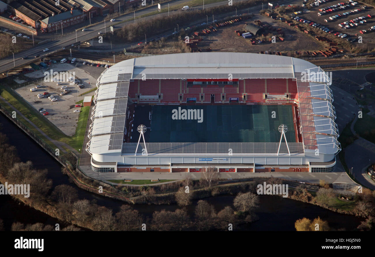 Vista aerea dello stadio AESSEAL New York, del campo da calcio Rotherham United, South Yorkshire Foto Stock