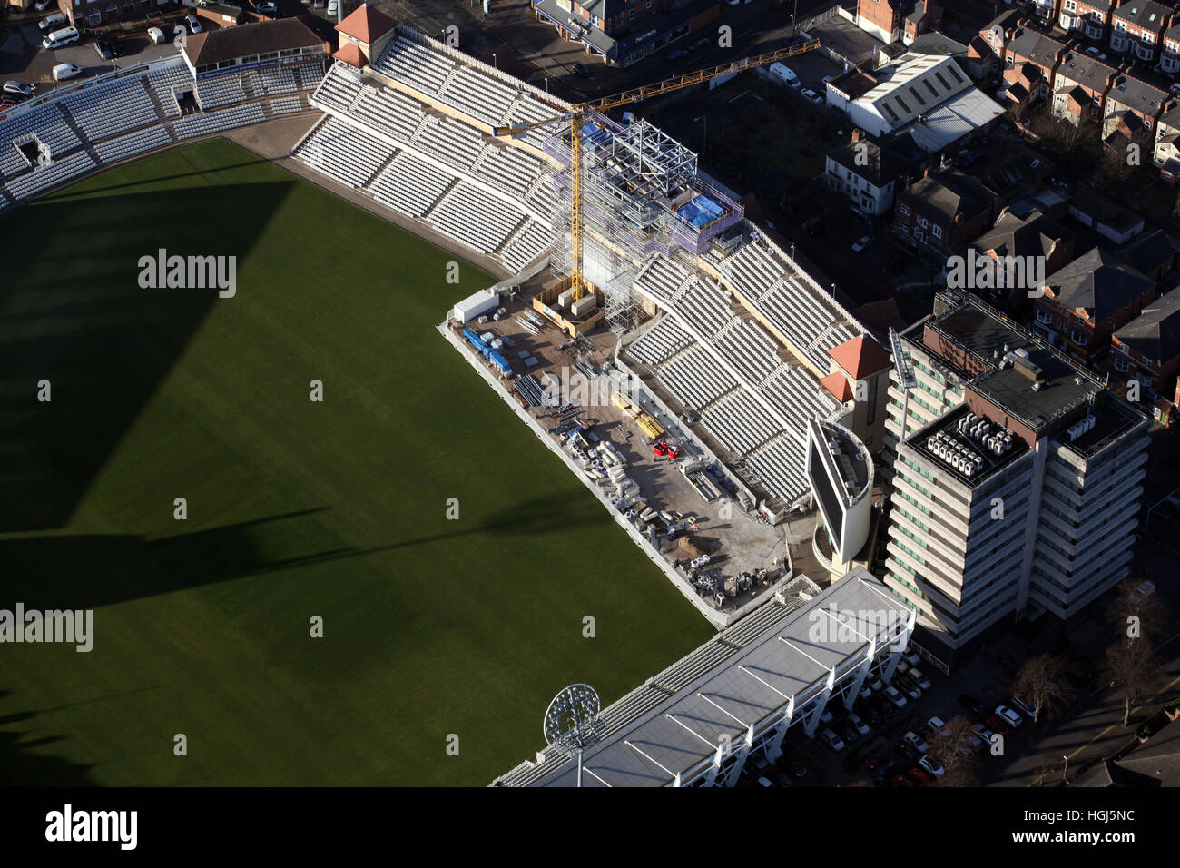 Vista aerea di lavori di costruzione presso l'international test match venue di Trent Bridge cricket ground, Nottingham, Regno Unito Foto Stock