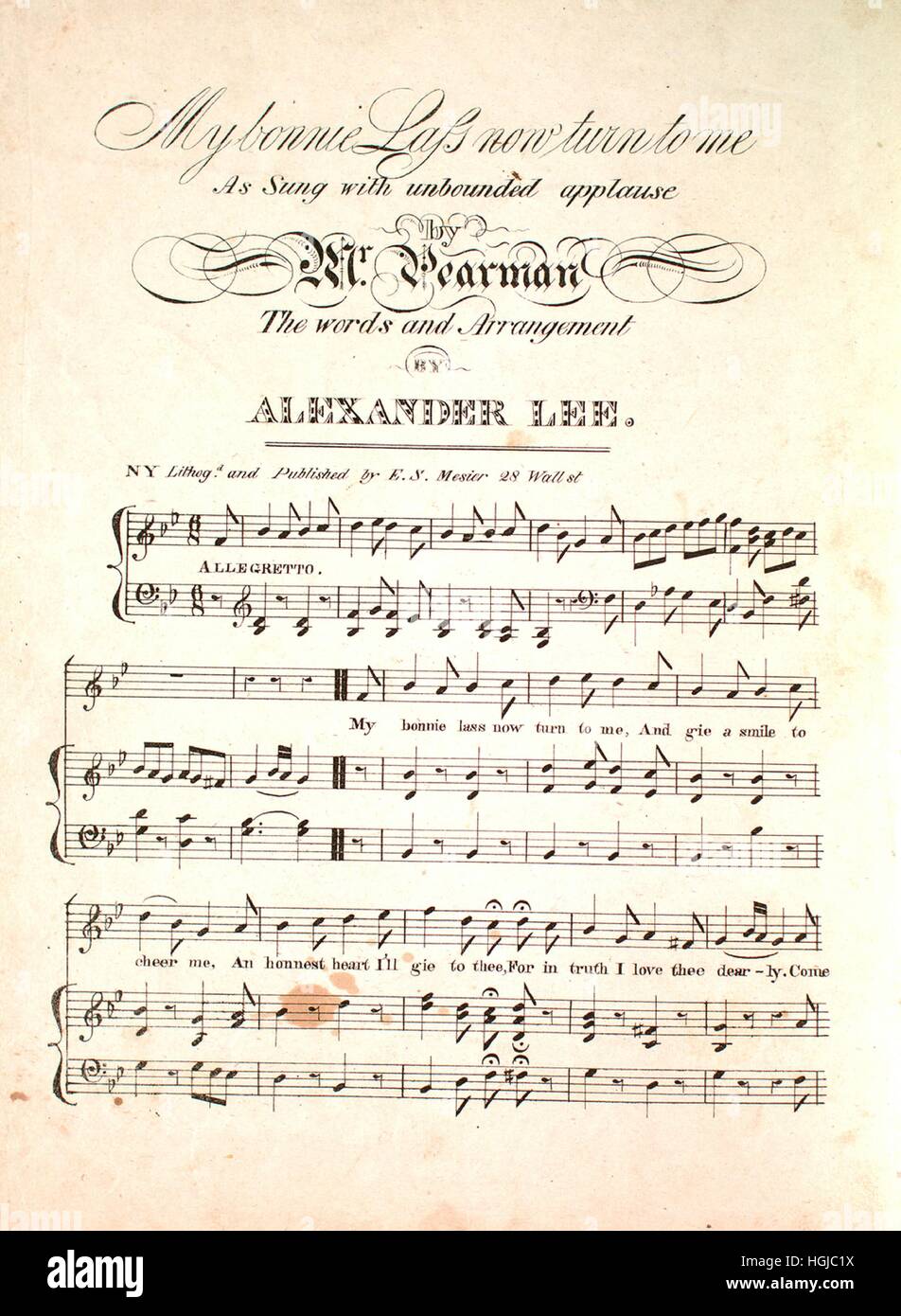 Foglio di musica immagine di copertina del brano 'My Bonnie Lass Ora a me',  con paternitã originale lettura delle note " le parole e la disposizione di  Alexander Lee", Stati Uniti, 1900.
