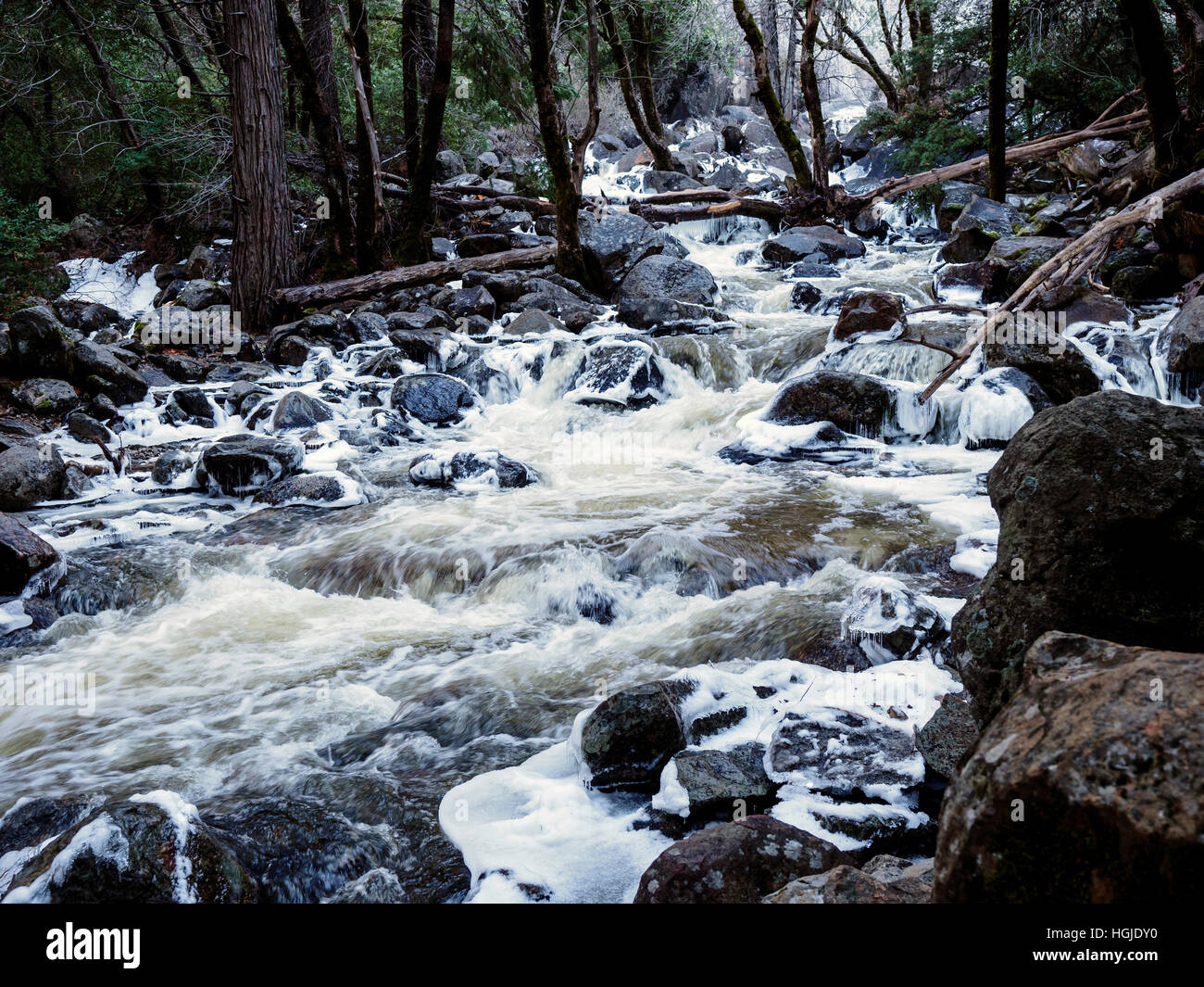 Correndo acqua e ghiaccio - Bridalveil Creek al di sotto di Bridalveil Falls, Yosemite Valley su un luminoso e freddo giorno di dicembre 2016. Foto Stock