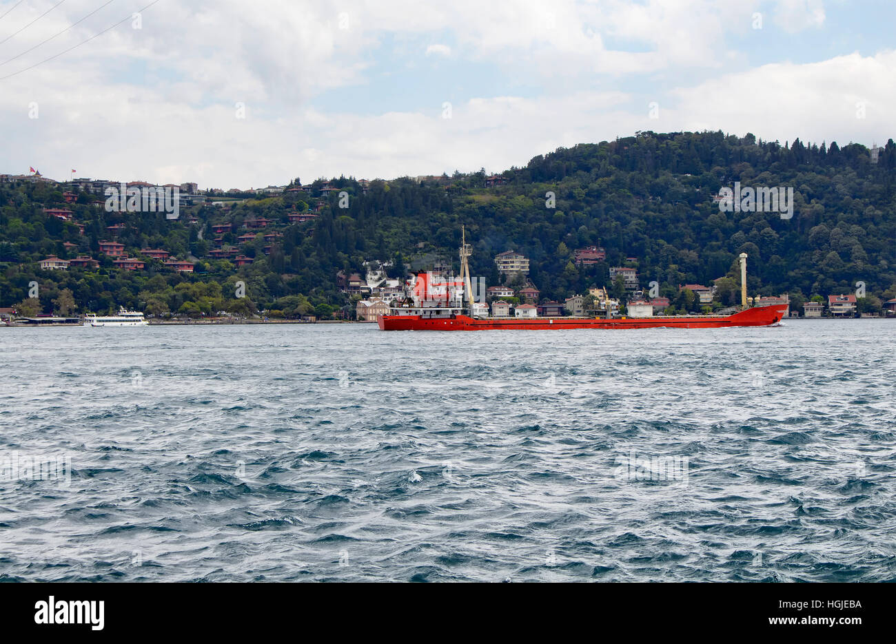 Rosso Secco, nave da carico / nave attraversa lo stretto del Bosforo a Istanbul. Parte asiatica e gli edifici residenziali sono in background. È internazionalmente-s Foto Stock