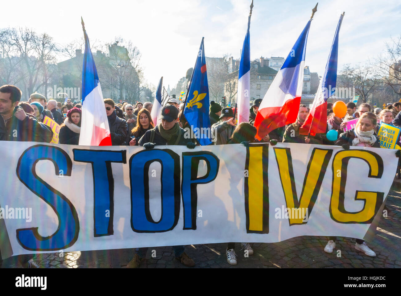 Folla di cattolici francesi, i conservatori che si battono per protesta contro l'aborto legale, le proteste 'arche pour la vie', i manifestanti conservatori "Decine di migliaia di manifestanti sono scesi per le strade di Parigi la domenica contro l'aborto e un disegno di legge per vietare ai siti web a favore della vita di diffondere "informazioni false” sulla fine delle gravidanze”. (Il sito Web locale) -- Foto Stock
