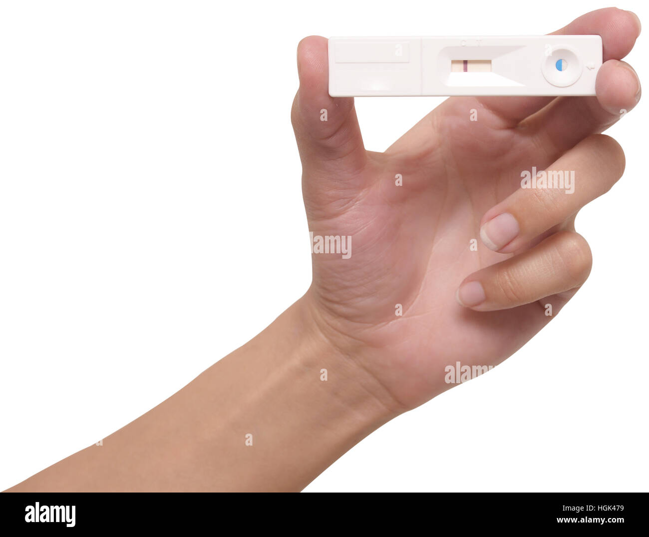 Test di gravidanza in mano su un bianco Foto Stock