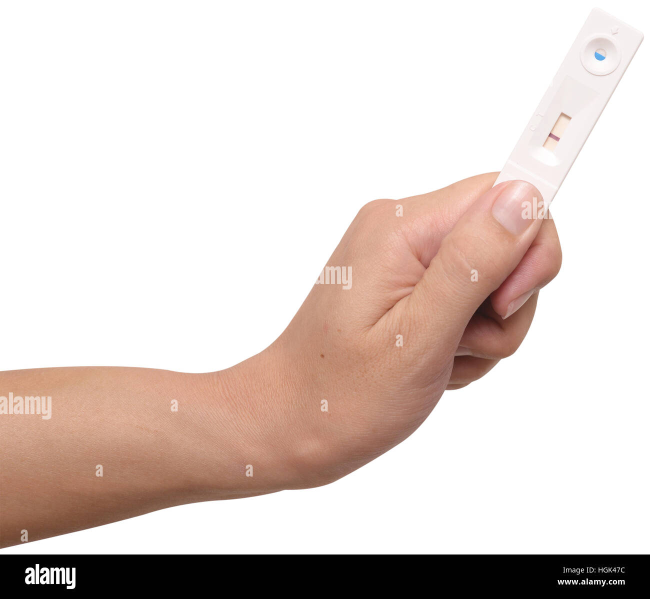 Test di gravidanza in mano su un bianco Foto Stock