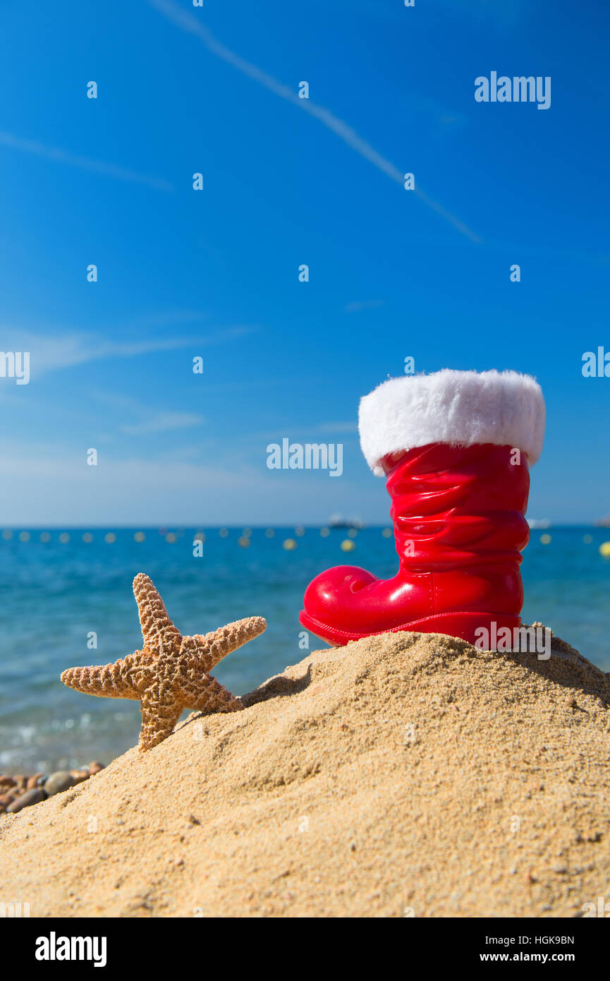 Funny starfish e parapolvere rosso da Santa Claus presso la spiaggia per il Natale Foto Stock