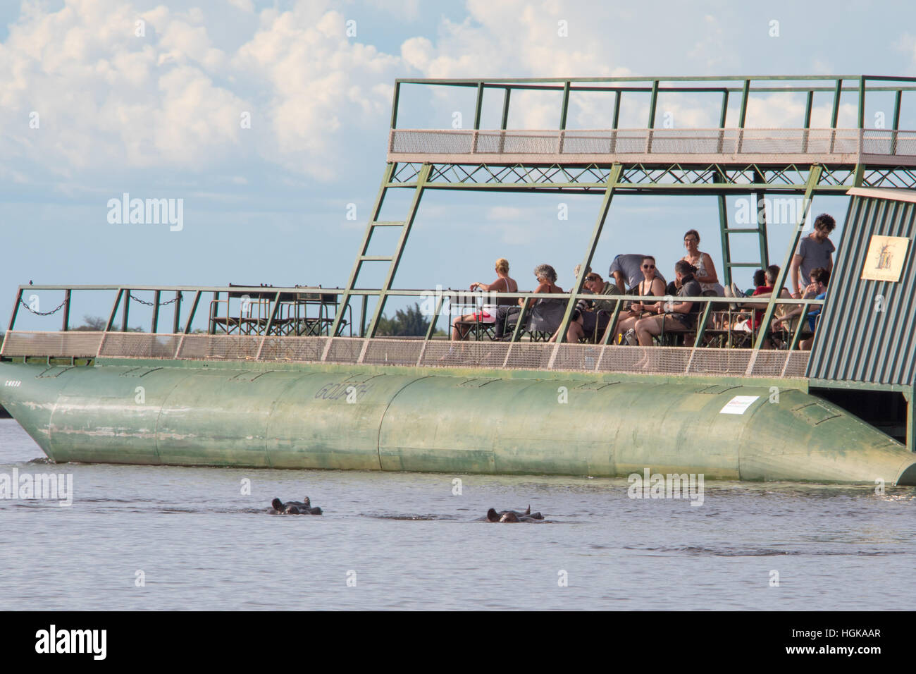 I turisti sulle rive di un fiume safari nel Chobe National Park, Botswana, Africa Foto Stock