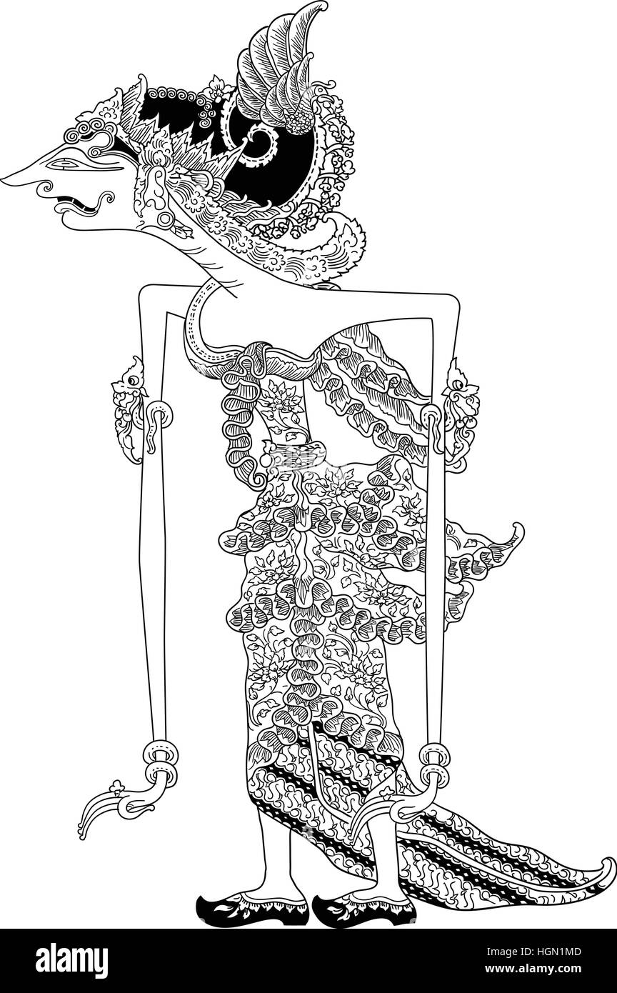 Batari Wilutama, un carattere di tradizionale spettacolo di marionette, Wayang Kulit da java indonesia. Illustrazione Vettoriale