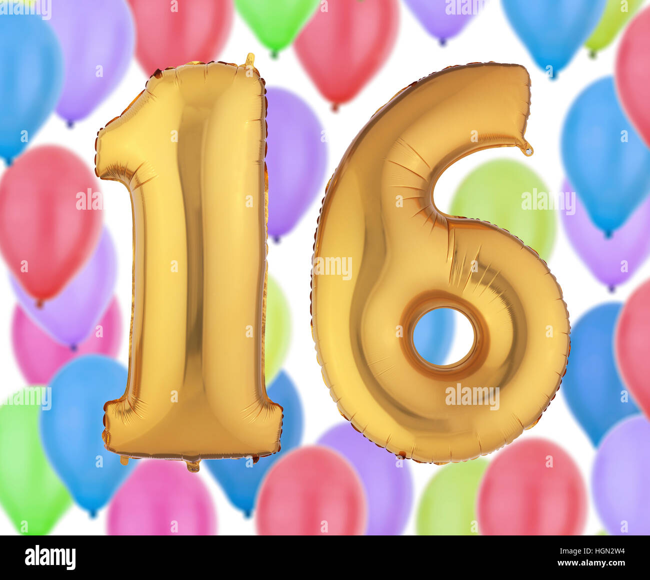 Numero 16 del palloncino in oro con un background di palloncino