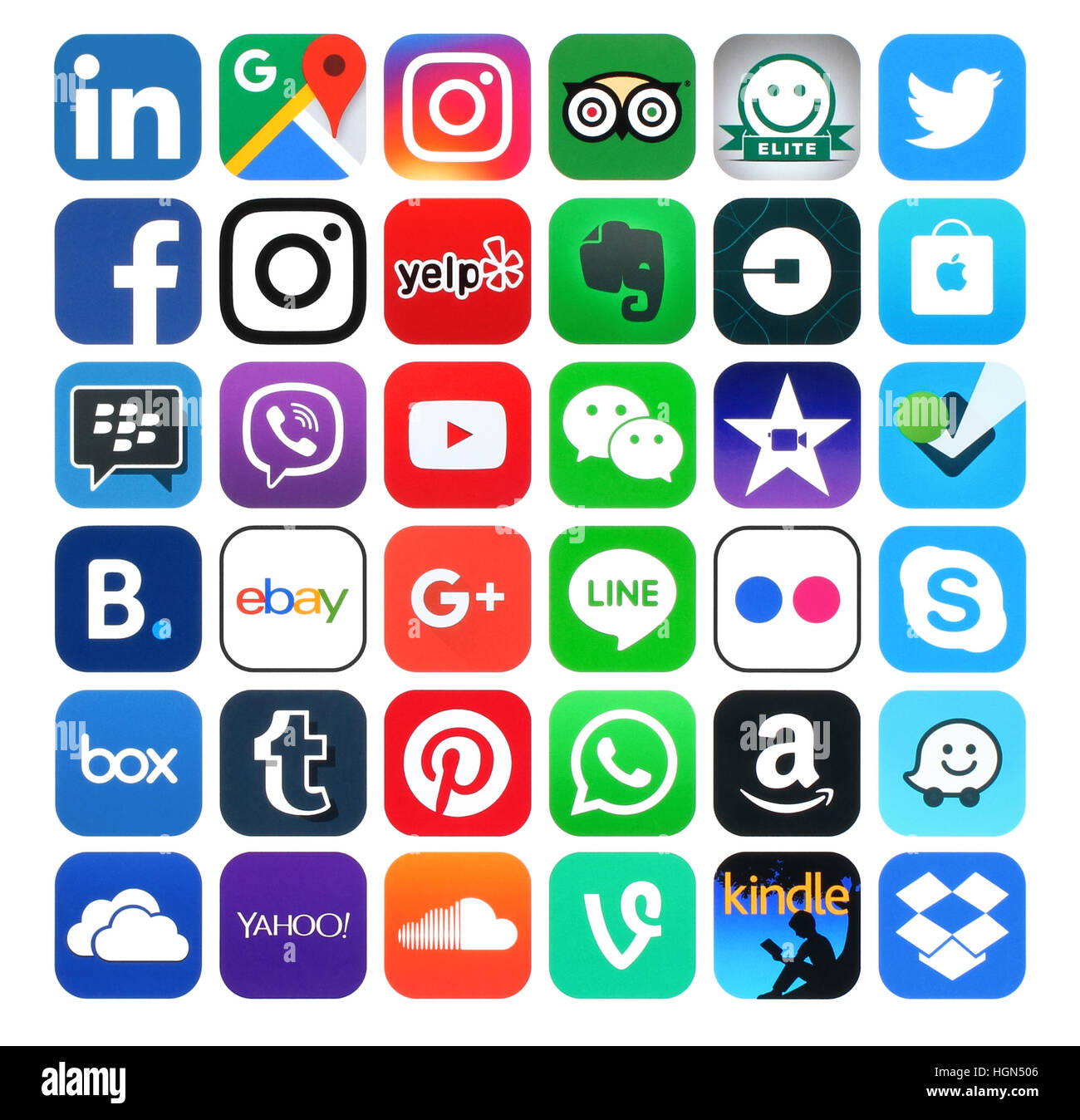 Kiev, Ucraina - 29 Giugno 2016: popolare social media, produttività, foto, video e icone di navigazione: Facebook, Twitter, Blogger, Linkedin Tumblr, il mio Foto Stock