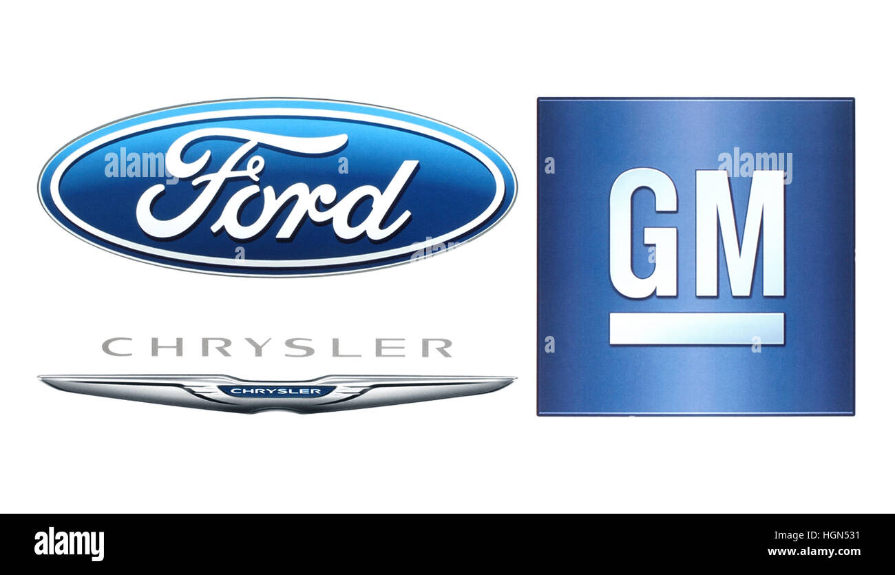 Kiev, Ucraina - 12 Ottobre 2016: Raccolta di popolari American costruttori auto il logo stampato su carta bianca: Ford, Chrysler, General Motors Foto Stock