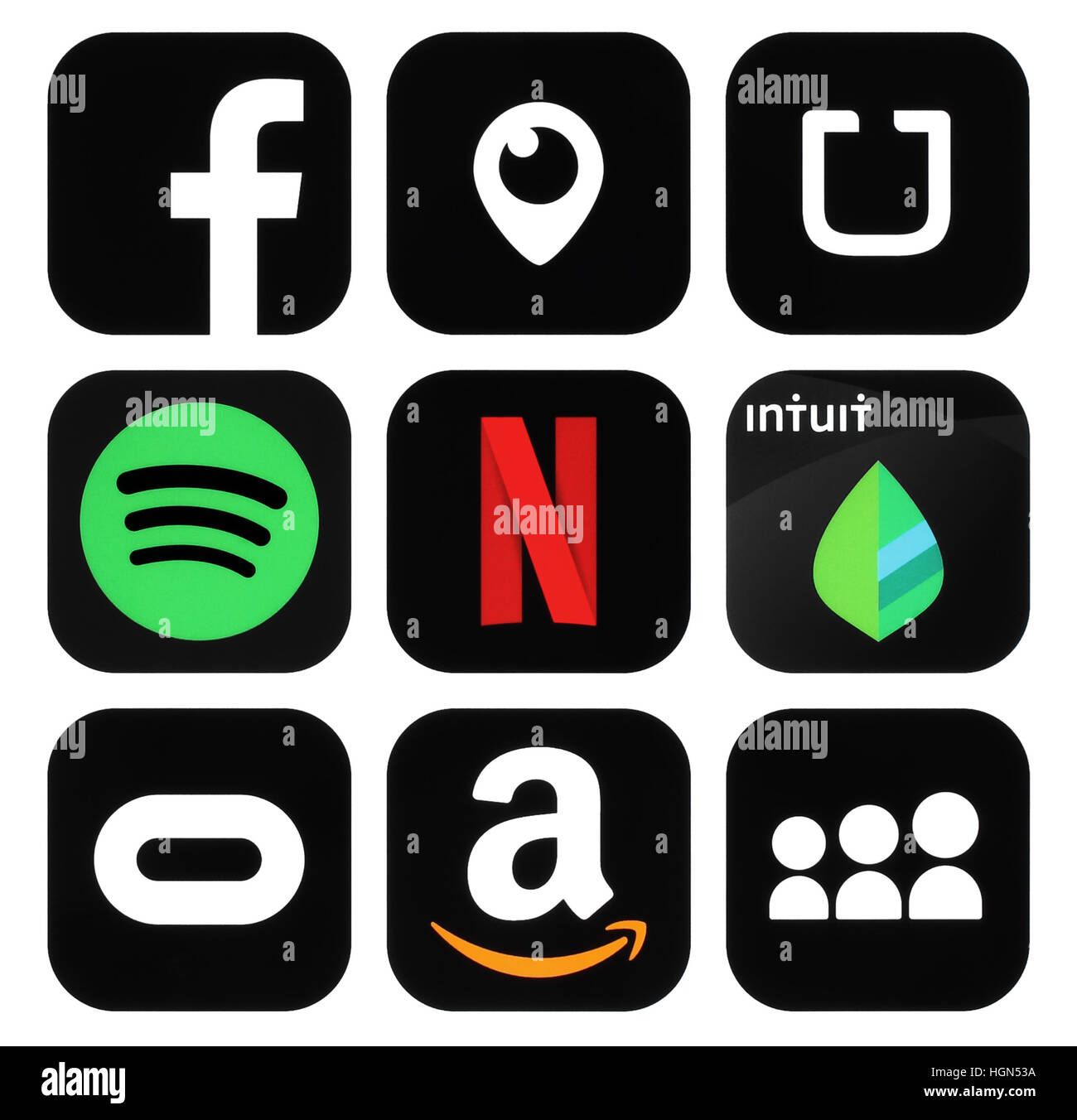 Kiev, Ucraina - 28 Ottobre 2016: Raccolta di nero popolare social media, viaggi business, shopping icone logo stampato su carta: Facebook, Periscop Foto Stock