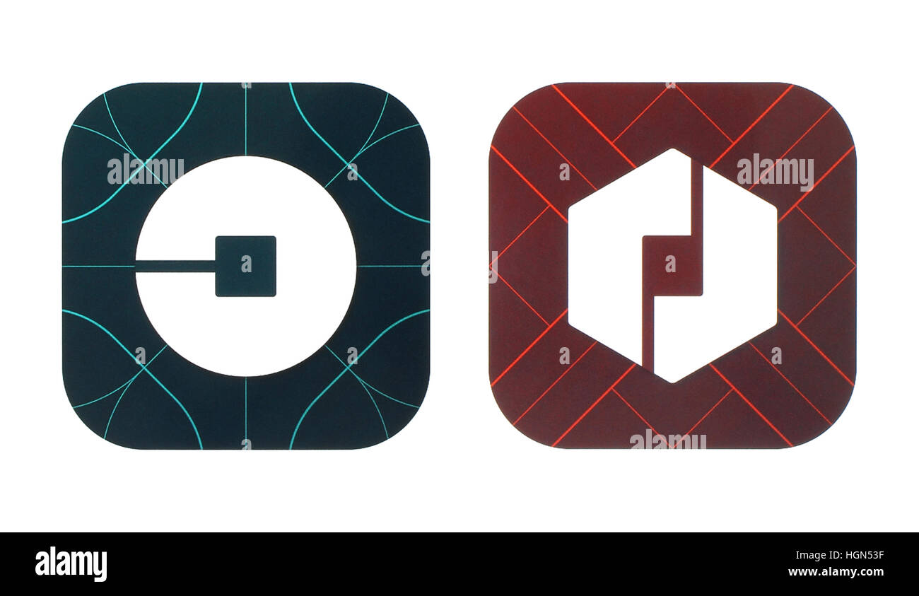 Kiev, Ucraina - 28 Ottobre 2016: Raccolta di viaggi popolari icone stampate su carta: Uber e conducente Foto Stock