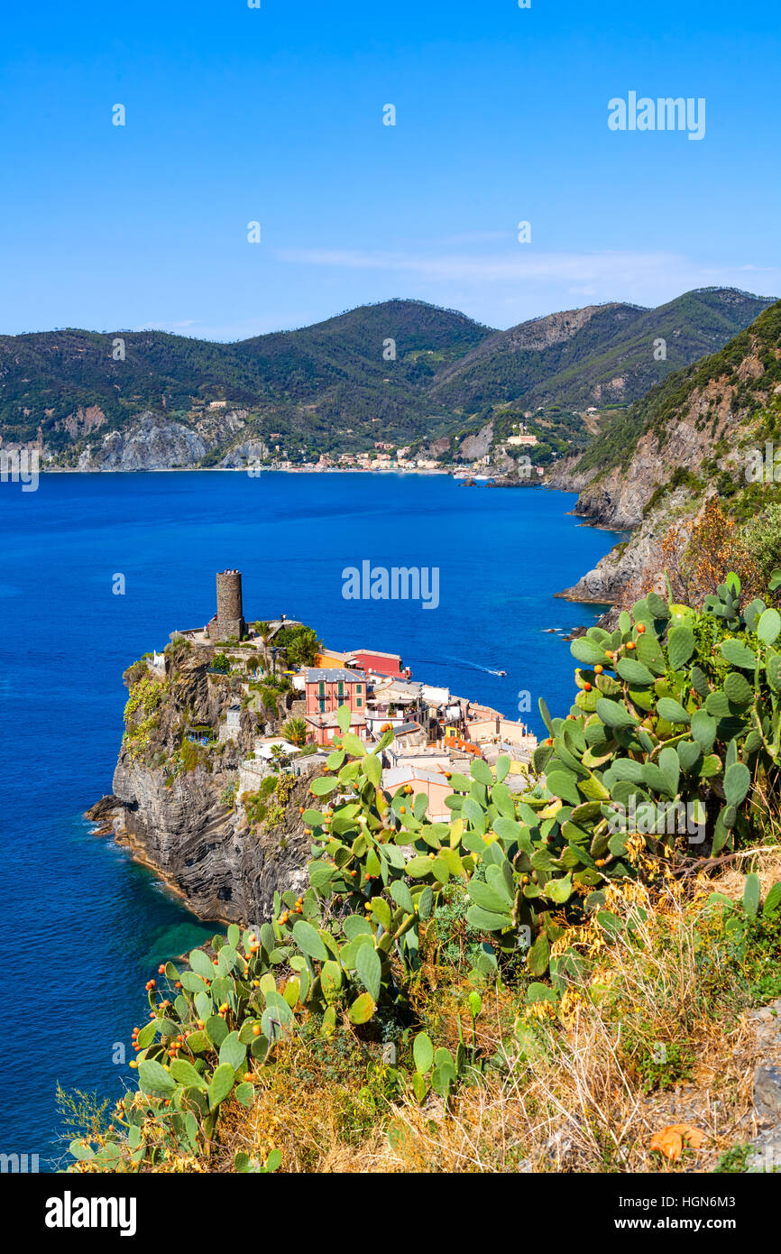 Vernazza, uno dei cinque villaggi nel Parco Nazionale delle Cinque Terre ed è un sito Patrimonio Mondiale dell'UNESCO sulla Riviera Italiana Foto Stock