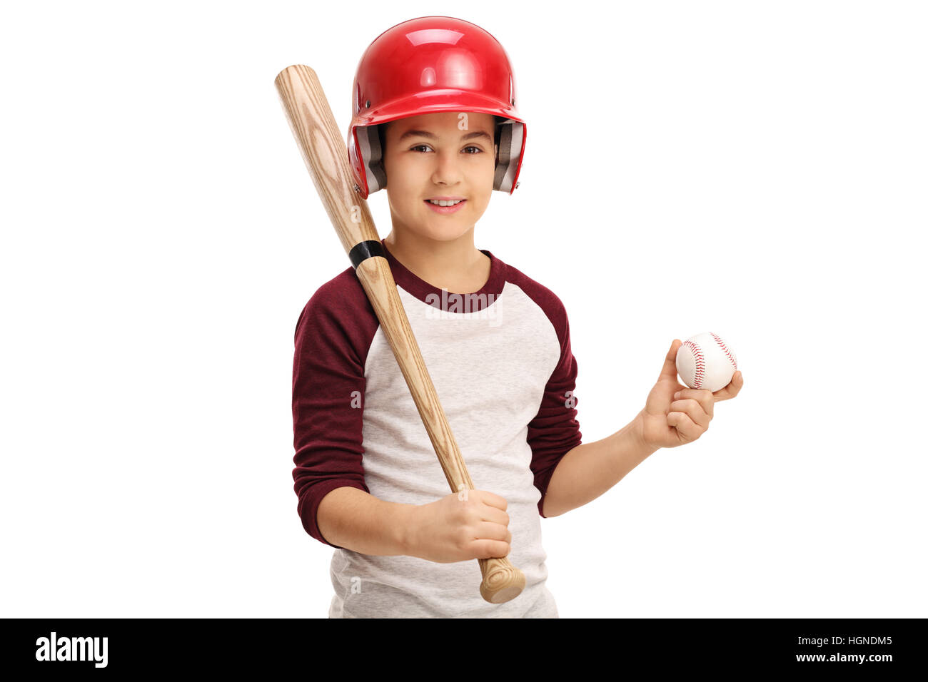 Ragazzo tenendo un baseball e un bat isolati su sfondo bianco Foto Stock