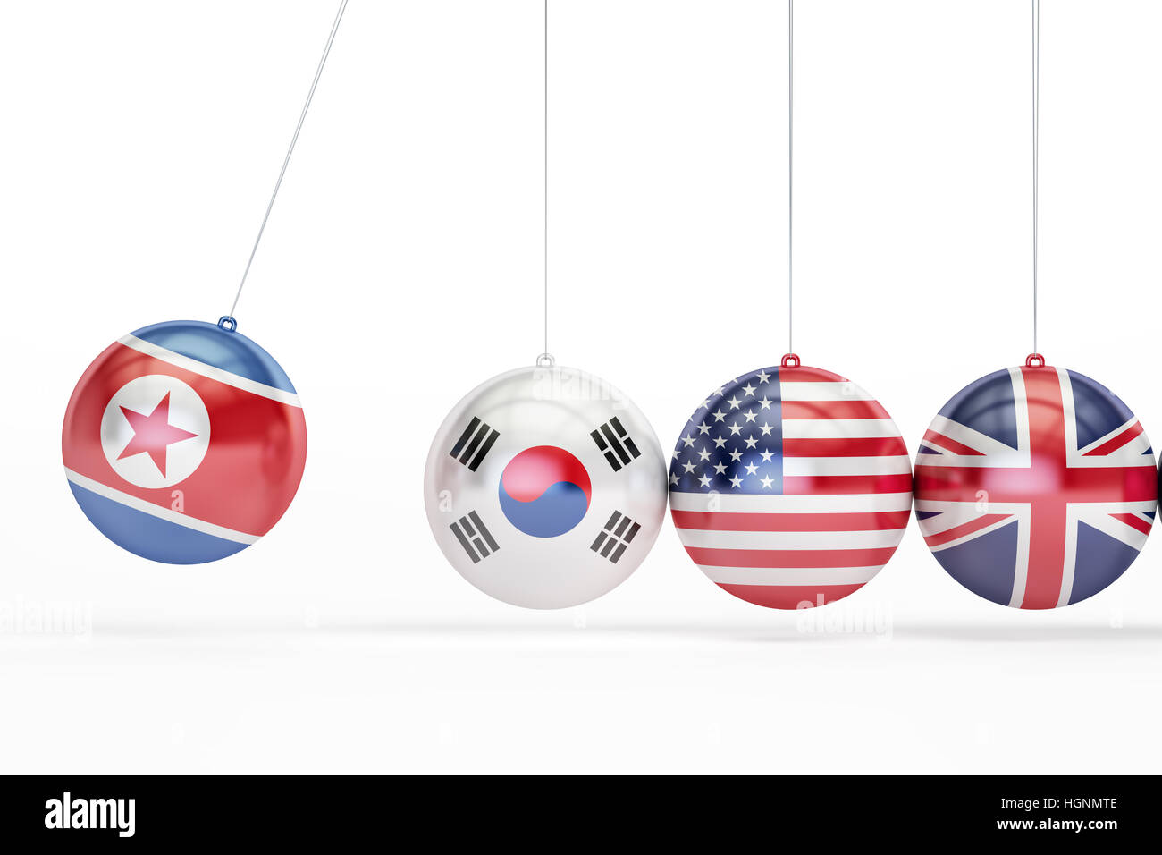 La Corea del Nord e Corea del Sud, Stati Uniti, Gran Bretagna conflitto politico concetto. 3D rendering isolati su sfondo bianco Foto Stock