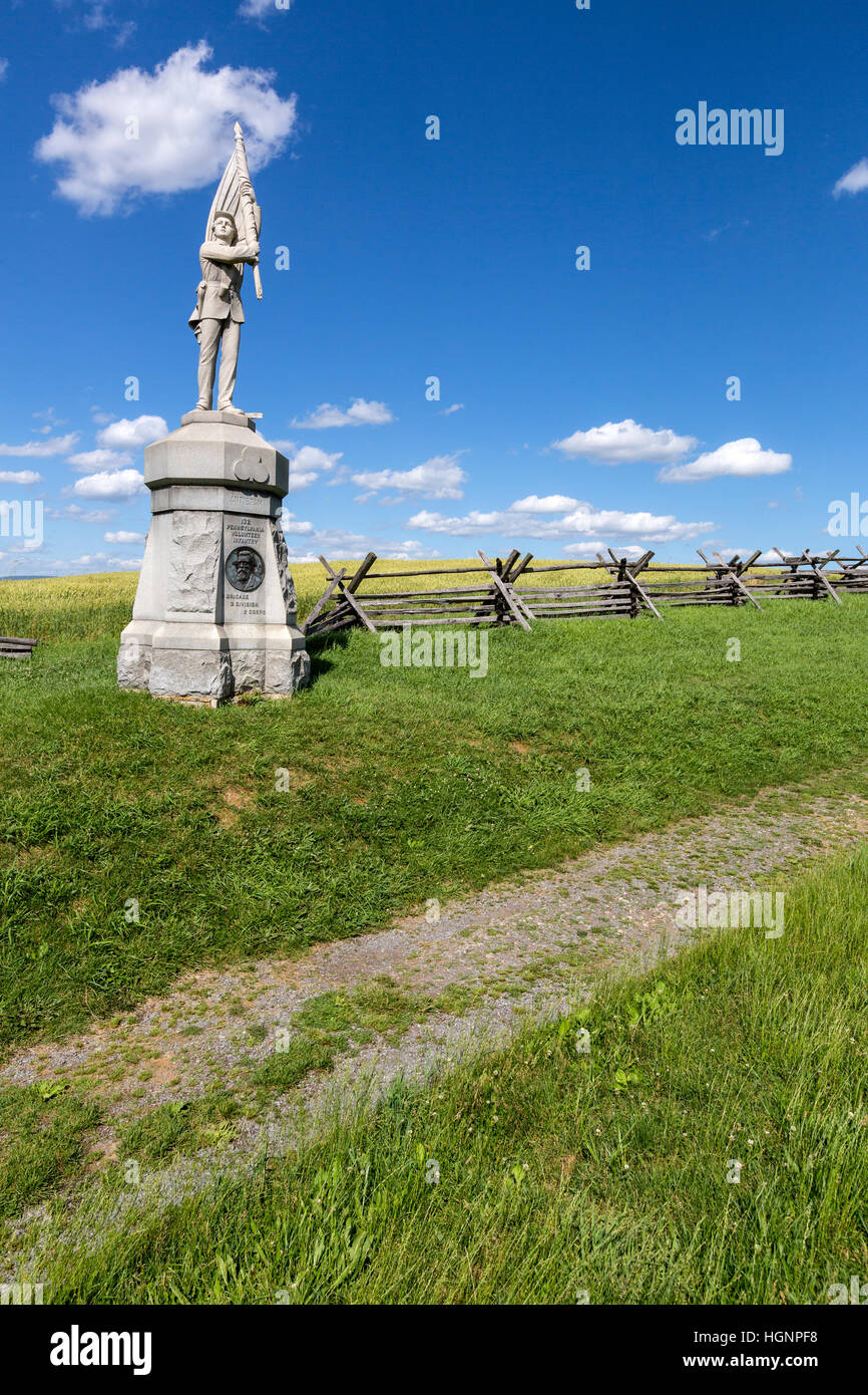 Campo di battaglia di Antietam, Maryland. Sunken Road (sanguinosa Lane). Monumento alla Pennsylvania Fanteria di volontariato. Foto Stock