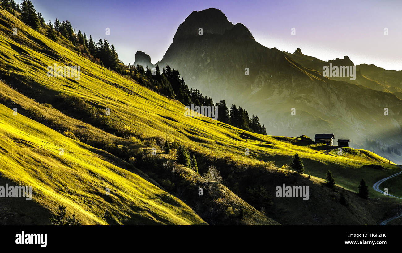 Un erba verde collina nei pressi di una montagna di grandi dimensioni Foto Stock