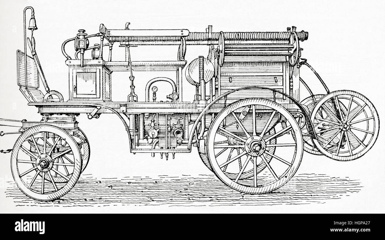 Un inizio xx secolo quattro ruote di carro trainato da cavalli con un azionamento a benzina motore per lo spegnimento di incendi. Da Meyers lessico, pubblicato 1924. Foto Stock