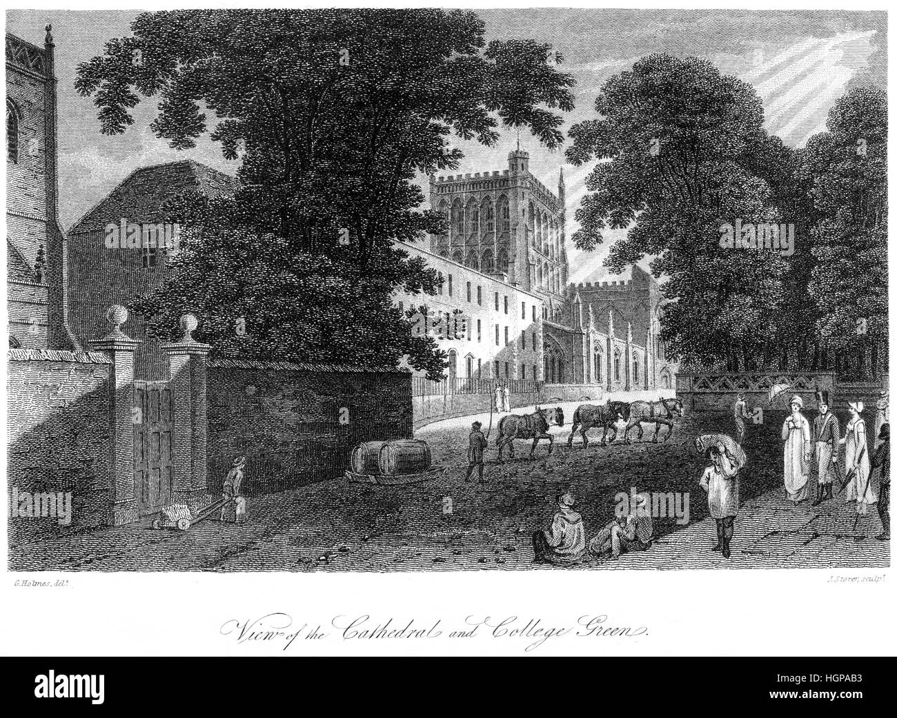 Una incisione di una vista della cattedrale e del College Green, Bristol scansionati ad alta risoluzione da un libro stampato nel 1816. Foto Stock