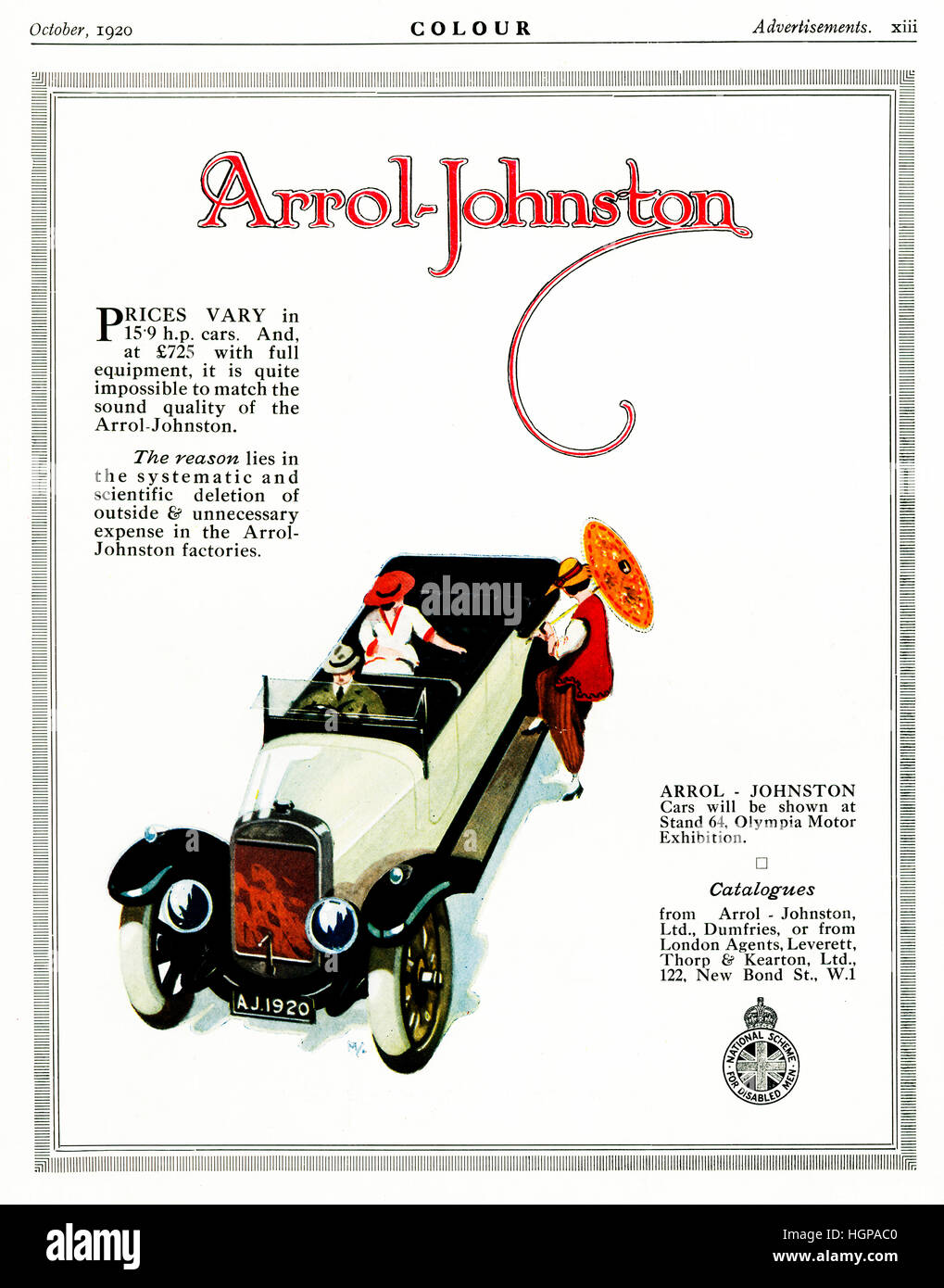 Arrol-Johnston automobili, 1920 spot per la autovettura realizzata in Scozia dalla società fondata nel 1896 Foto Stock