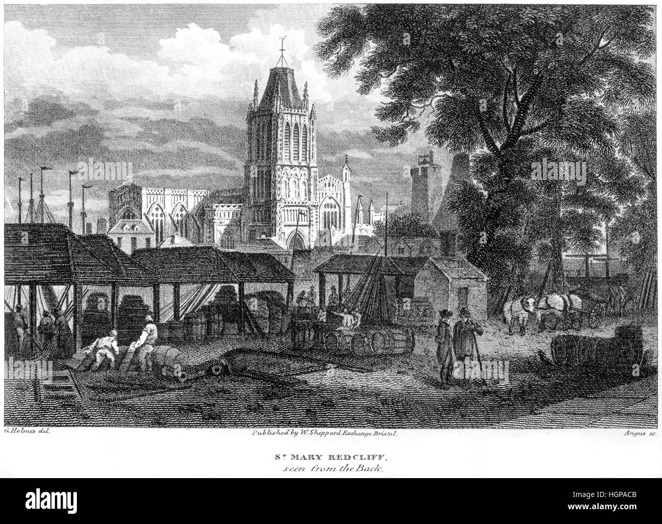 Una incisione di St Mary Redcliff visto dal retro, Bristol scansionati ad alta risoluzione da un libro stampato nel 1816. .Creduto copyright free. Foto Stock