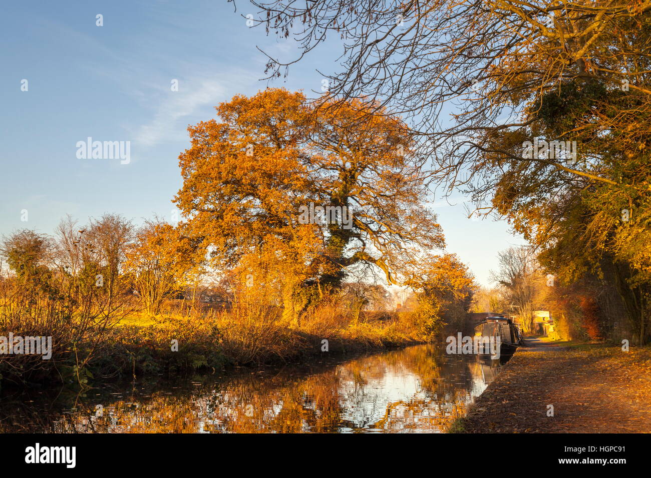 I colori autunnali sono riflesse in Llangollen canal nella luce della sera Foto Stock