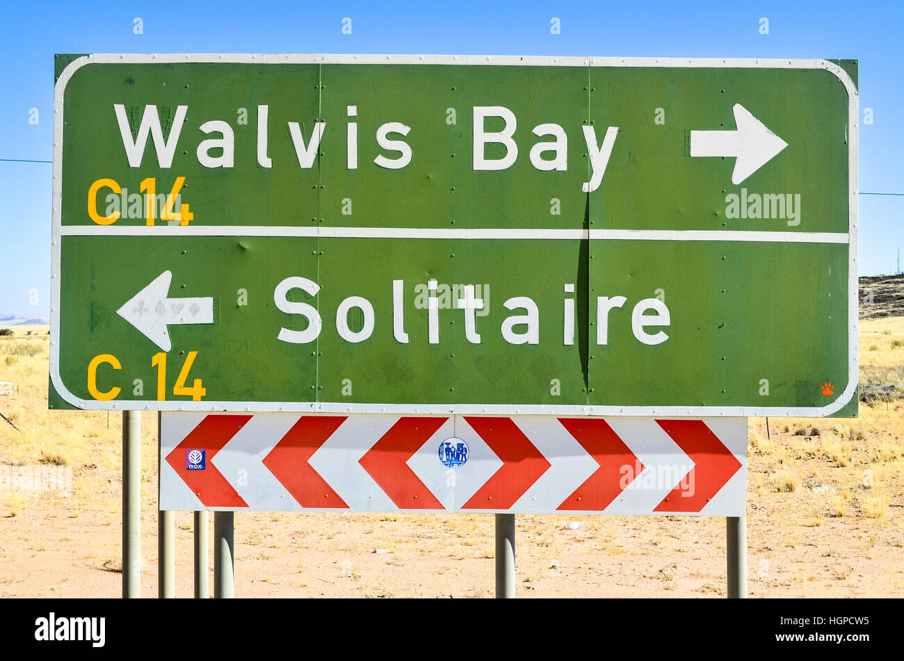 Cartello stradale tra Walvis Bay e solitario, Namibia Foto Stock