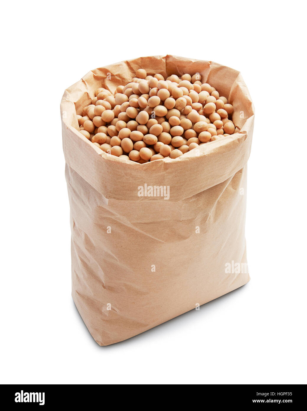 I fagioli di soia in sacchetto di carta isolato su bianco Foto Stock