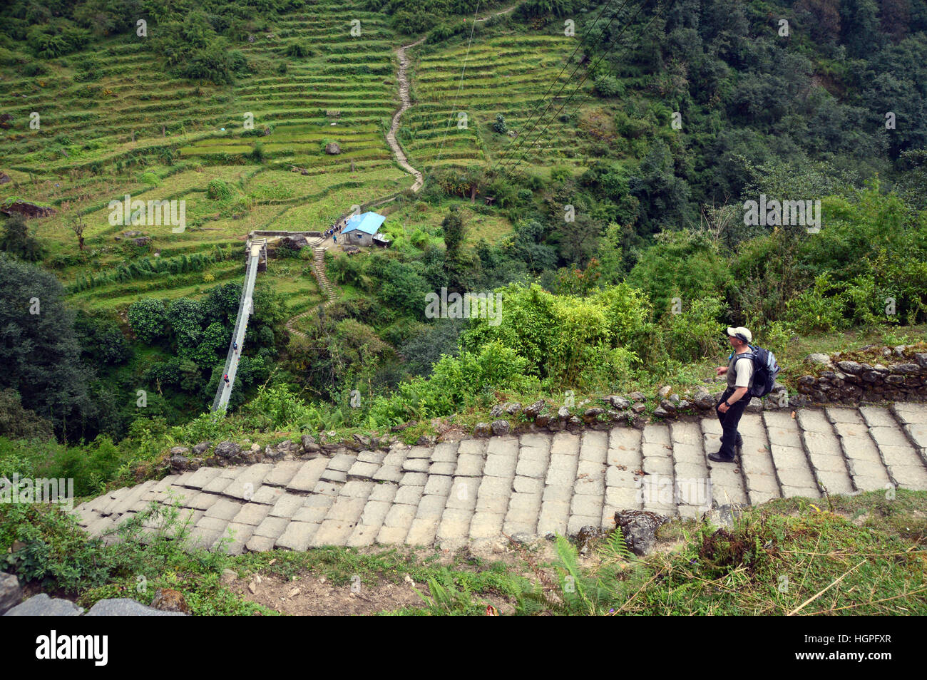 Lone uomo a camminare verso il basso di gradini di pietra per il nuovo Gurkha sospensione ponte da Chomrong Santuario Annapurna Himalaya,, Nepal, Asia. Foto Stock
