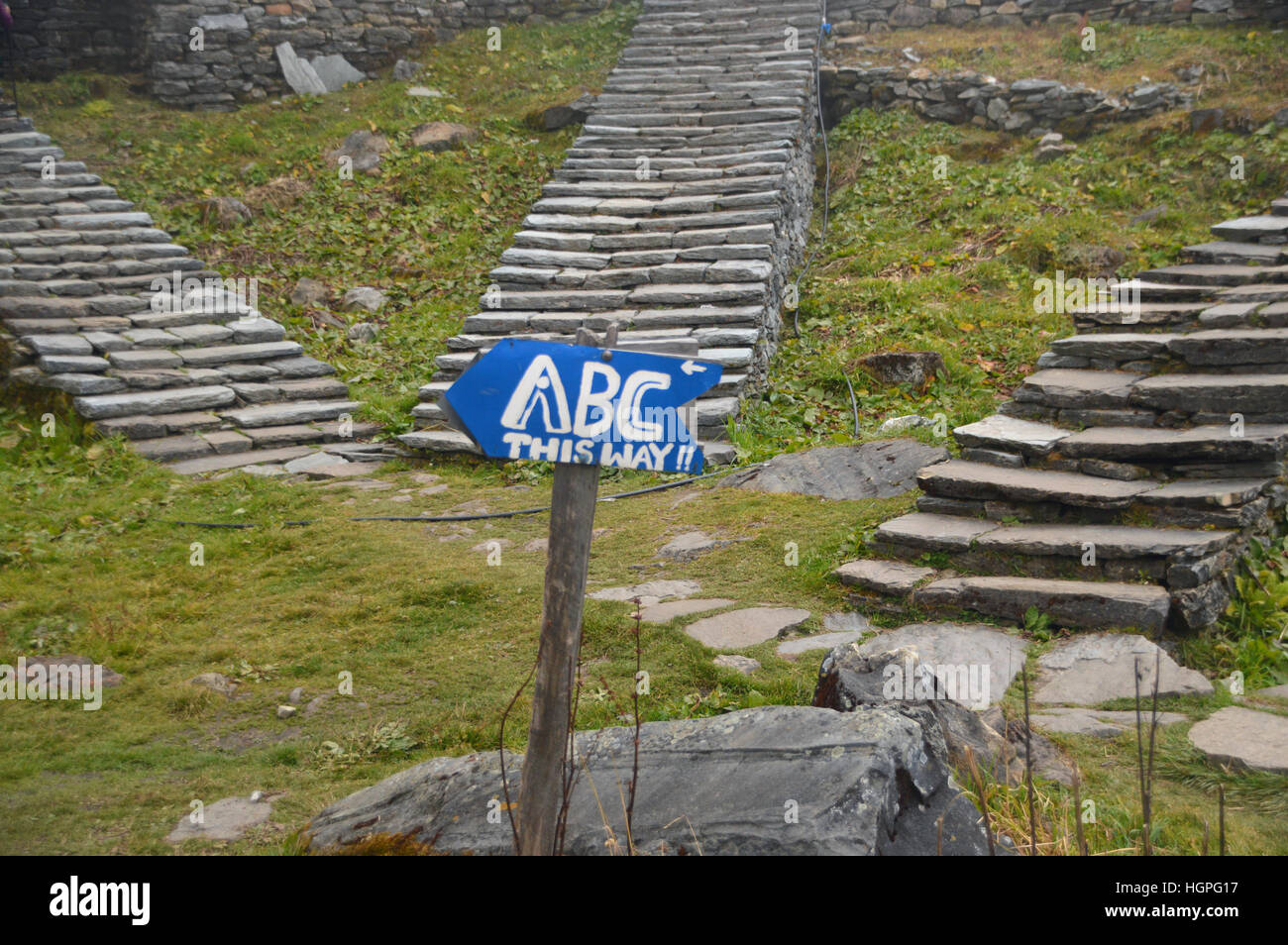 Cartello rivolto a ABC Annapurna Base Camp da Machhapuchhre Base Camp nel Santuario di Annapurna Himalaya,, Nepal, Asia. Foto Stock