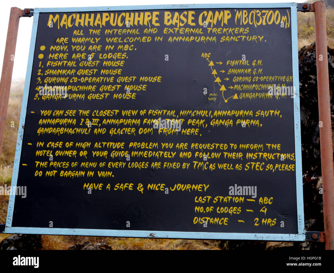 Scheda di informazioni a Machhapuchhre Base Camp (MBC) nel Santuario di Annapurna Himalaya,, Nepal, Asia. Foto Stock