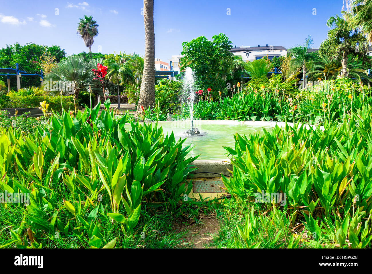 Parque urbano de San Juan. Una fontana di San Juan Park in Telde, Gran Canaria Foto Stock