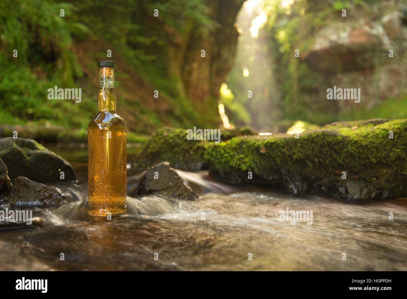 Bottiglia di scottish single malt whisky in tumbling molla fiume alimentato in un bellissimo glen, Scozia. Foto Stock
