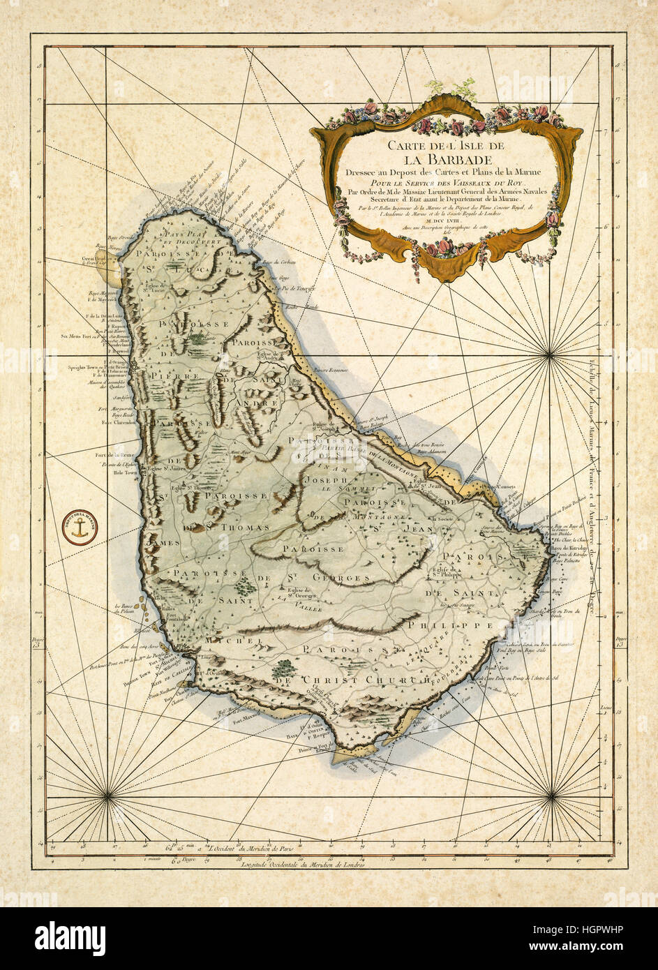 Mappa di Barbados 1758 Foto Stock