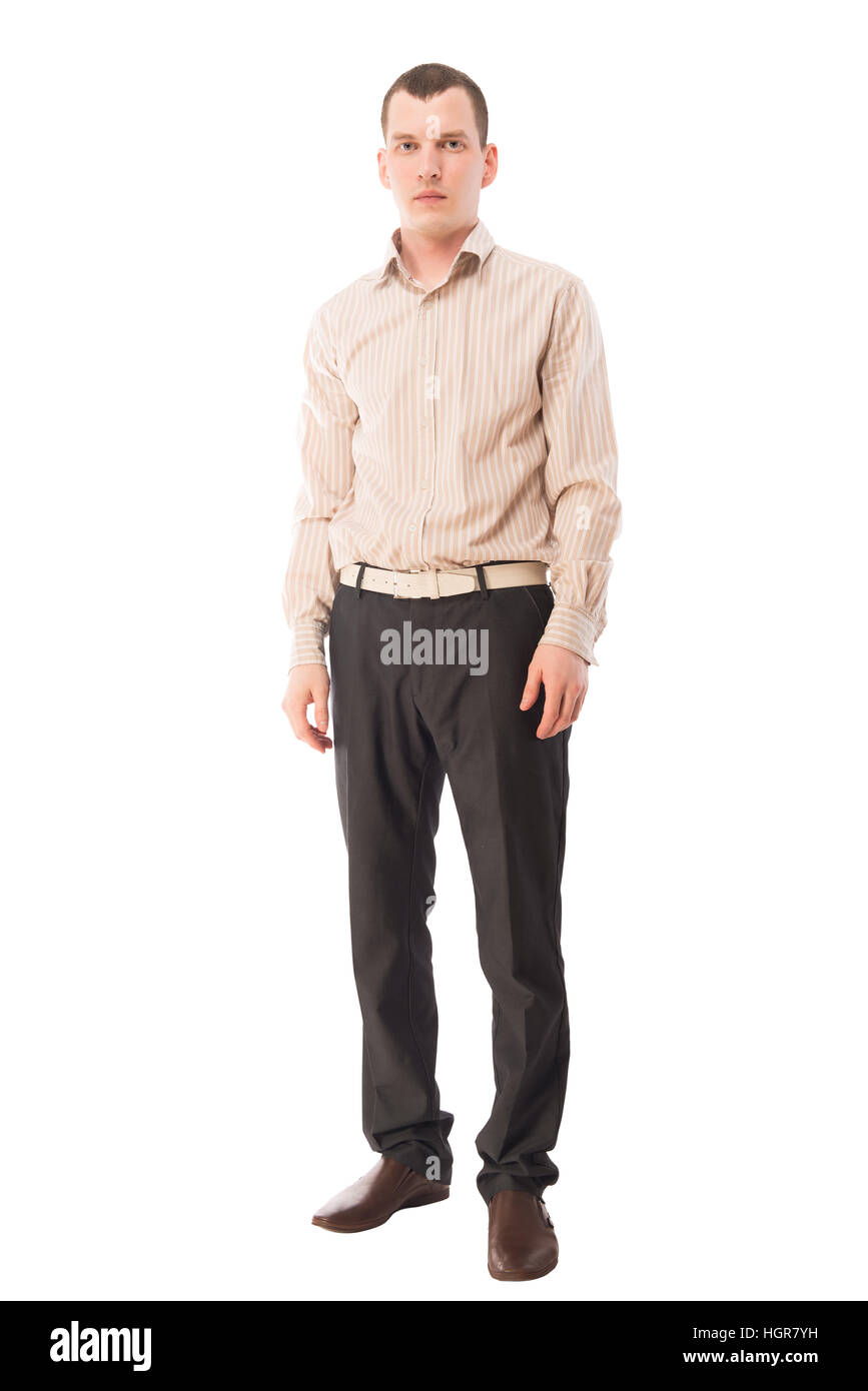 Ritratto verticale di un imprenditore in piena crescita su sfondo bianco Foto Stock