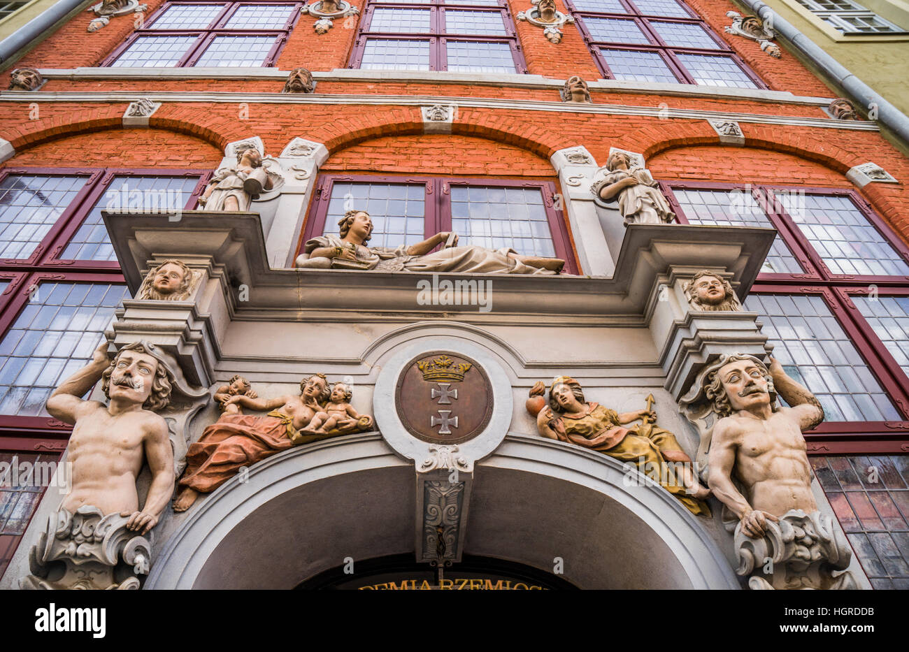 Polonia, Pomerania, Gdansk (Danzica), il floridly decorata facciata della casa patrizia Jopengasse (1/2), Ulica Piwna Foto Stock