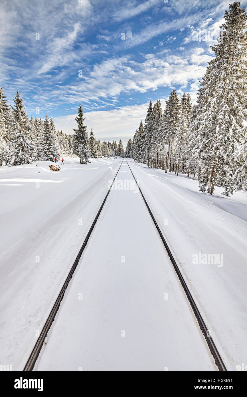 I binari della ferrovia nella neve, il paesaggio invernale. Foto Stock