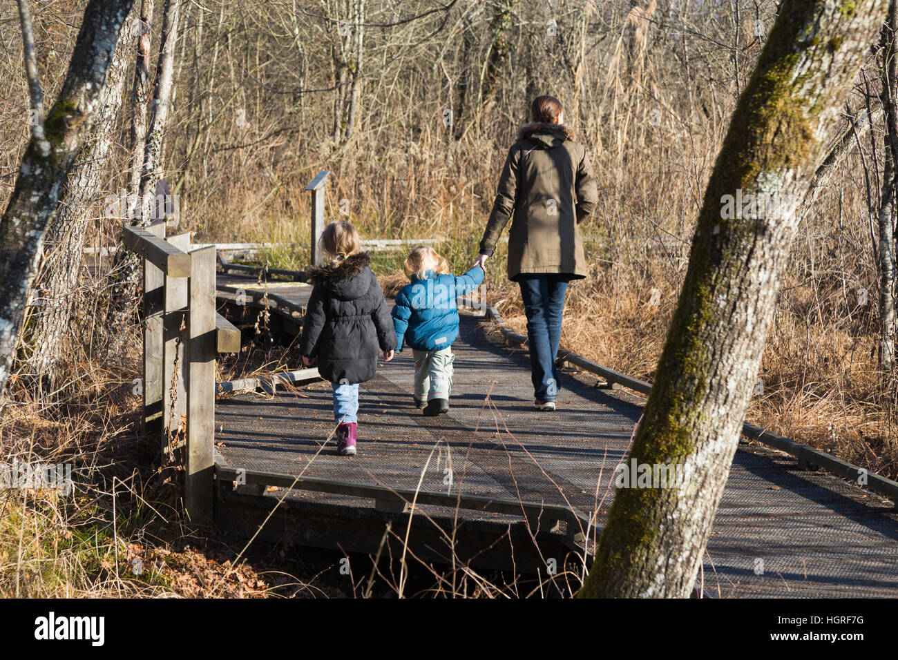 Madre e 3 Bambini 3 bambini figlie sul marciapiede sentiero percorso a piedi il sentiero Marais de Lavours Riserva Naturale Nazionale. Francia Foto Stock