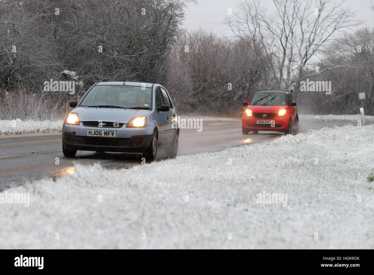 Radnorshire Hills, Wales, Regno Unito. Gennaio 2017. Regno Unito Meteo - Neve vicino a New Radnor in Powys sulla A44 la principale strada che attraversa il Galles Centrale. Foto Stock