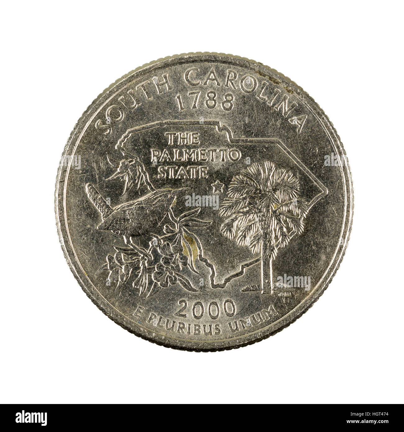 Retro del Stati Uniti trimestre dotate di Carolina del Sud, venticinque cent, coniata nel 2000, su sfondo bianco Foto Stock
