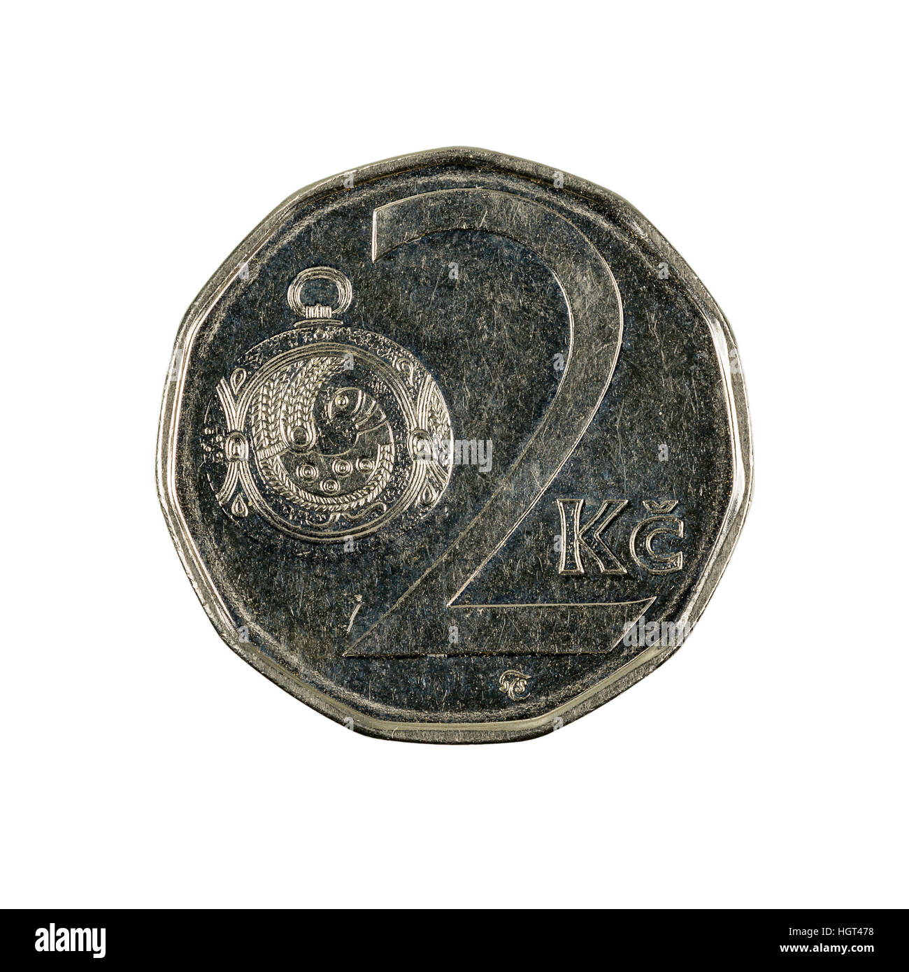 Czech Koruna coin, 2 koruna, coniata nel 2010, su sfondo bianco Foto Stock