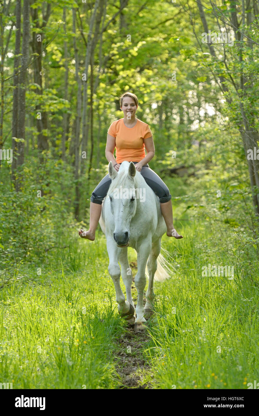 Giovane donna che cavalca a dorso di bareback e senza briglia sul dorso di un cavallo grigio nei boschi Foto Stock