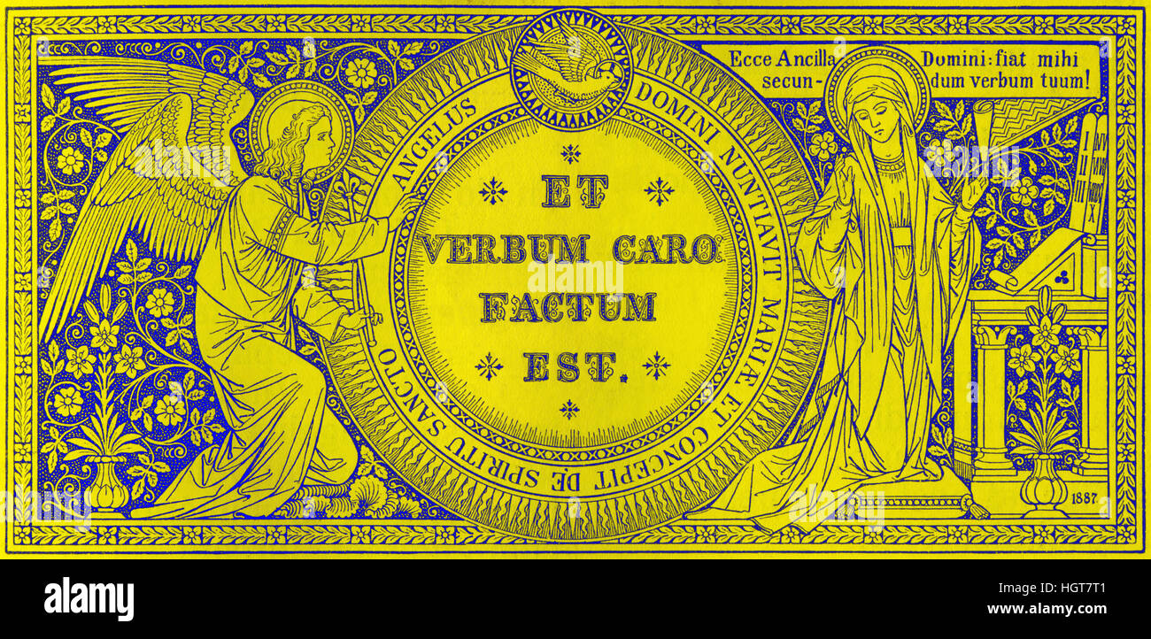 BRATISLAVA, SLOVACCHIA, novembre - 21, 2016: la litografia di Annunciazione di Missale Romanum ideato da un artista sconosciuto con le iniziali F.M.S (1887) Foto Stock