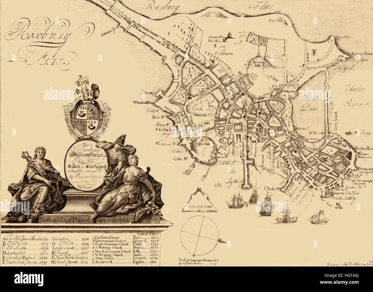 Mappa di Boston 1728 Foto Stock