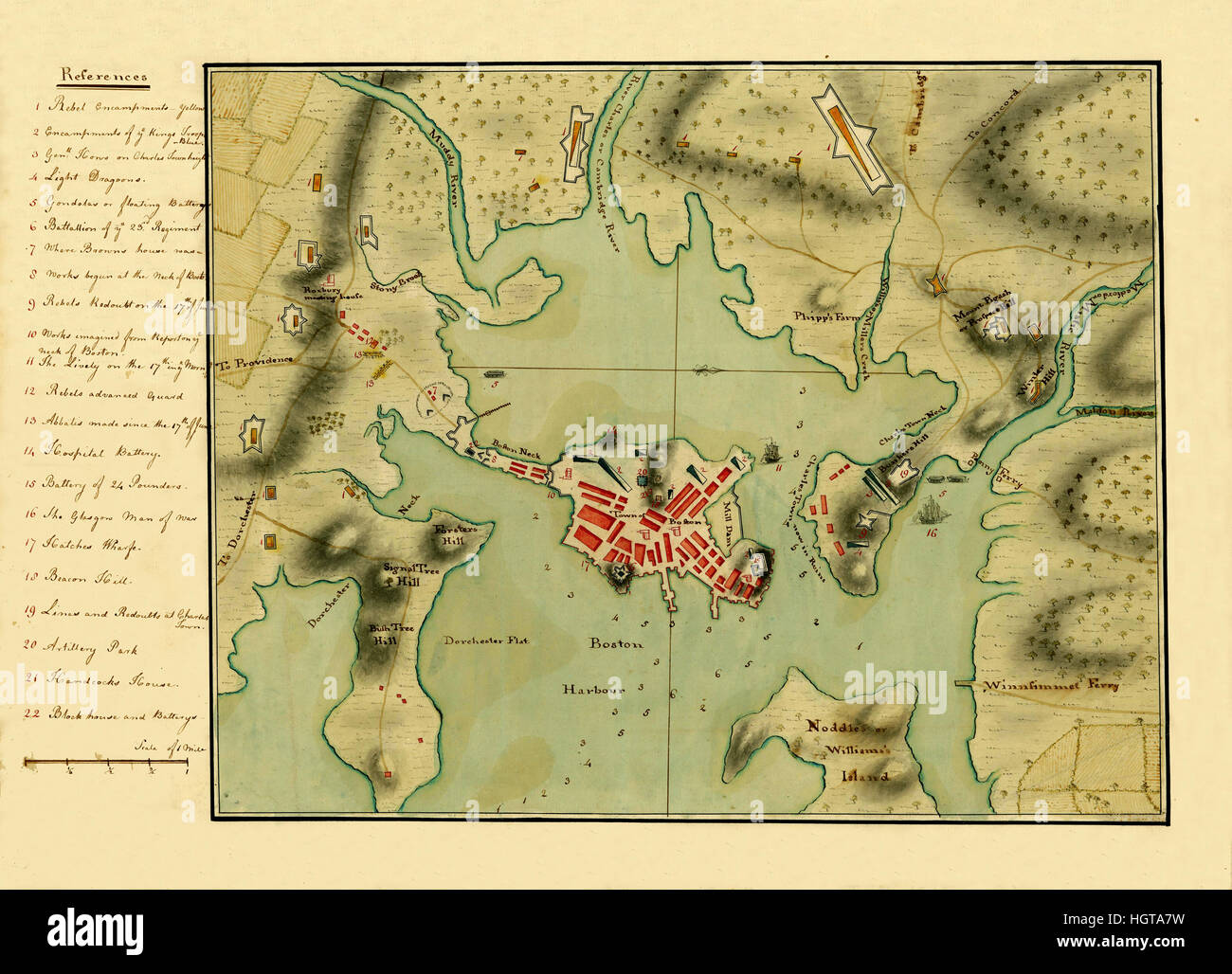 Mappa di Boston 1776 Foto Stock