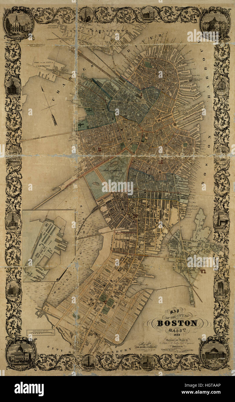Mappa di Boston 1852 Foto Stock