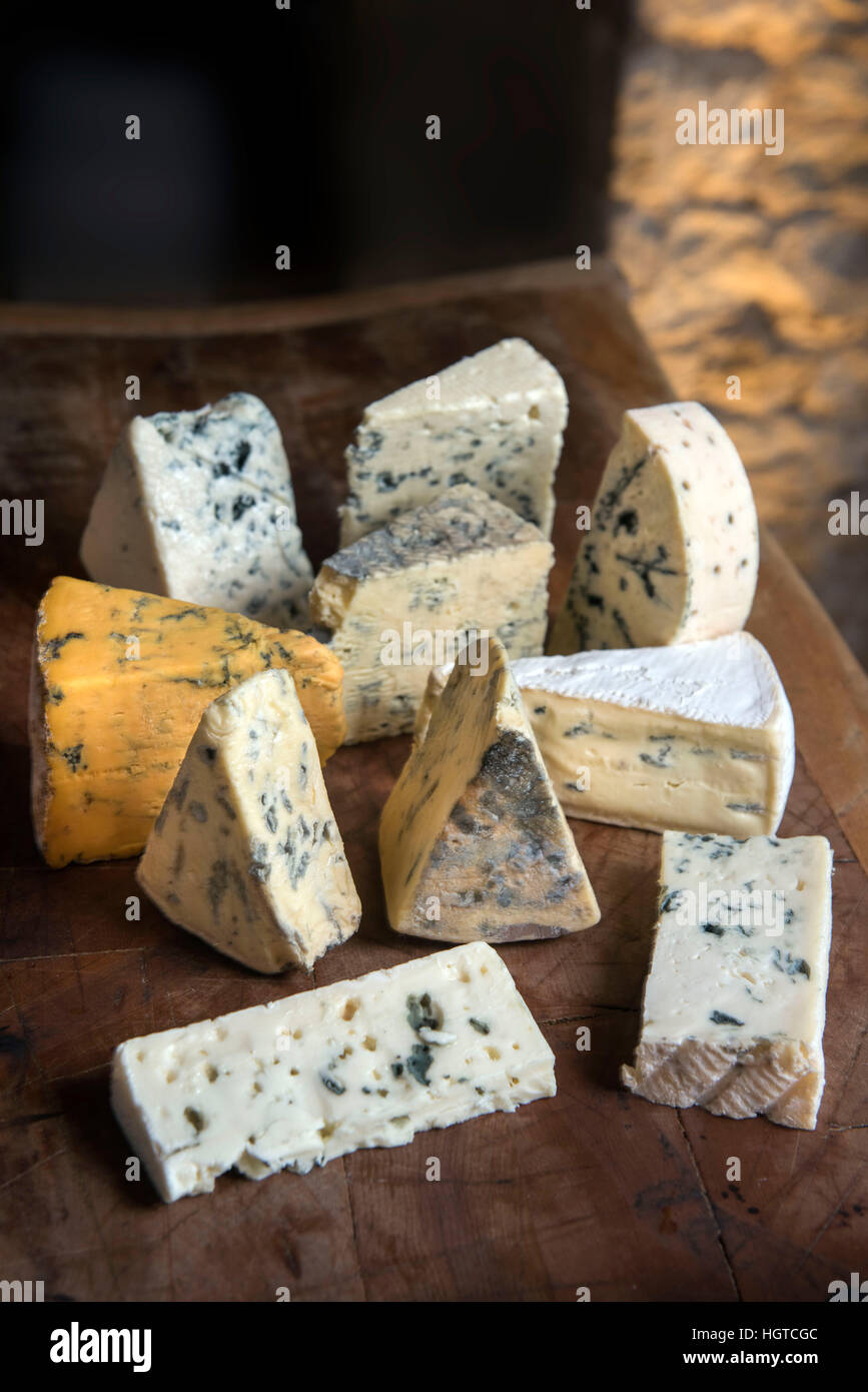 Una selezione della lingua inglese e continentale formaggi blu disposti su di un tagliere Foto Stock
