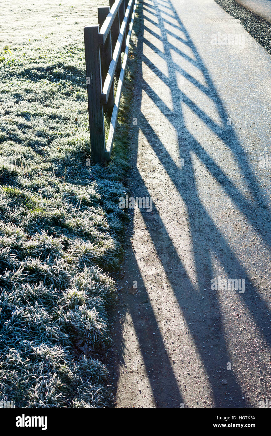 Una scena invernale con erba smerigliato e una recinzione con lunghe ombre invernali Foto Stock