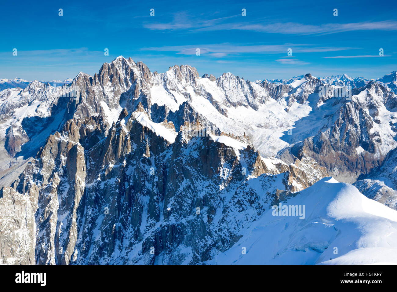 Massiccio del Monte Bianco da Aiguille du Midi, Chamonix, Francia Foto Stock