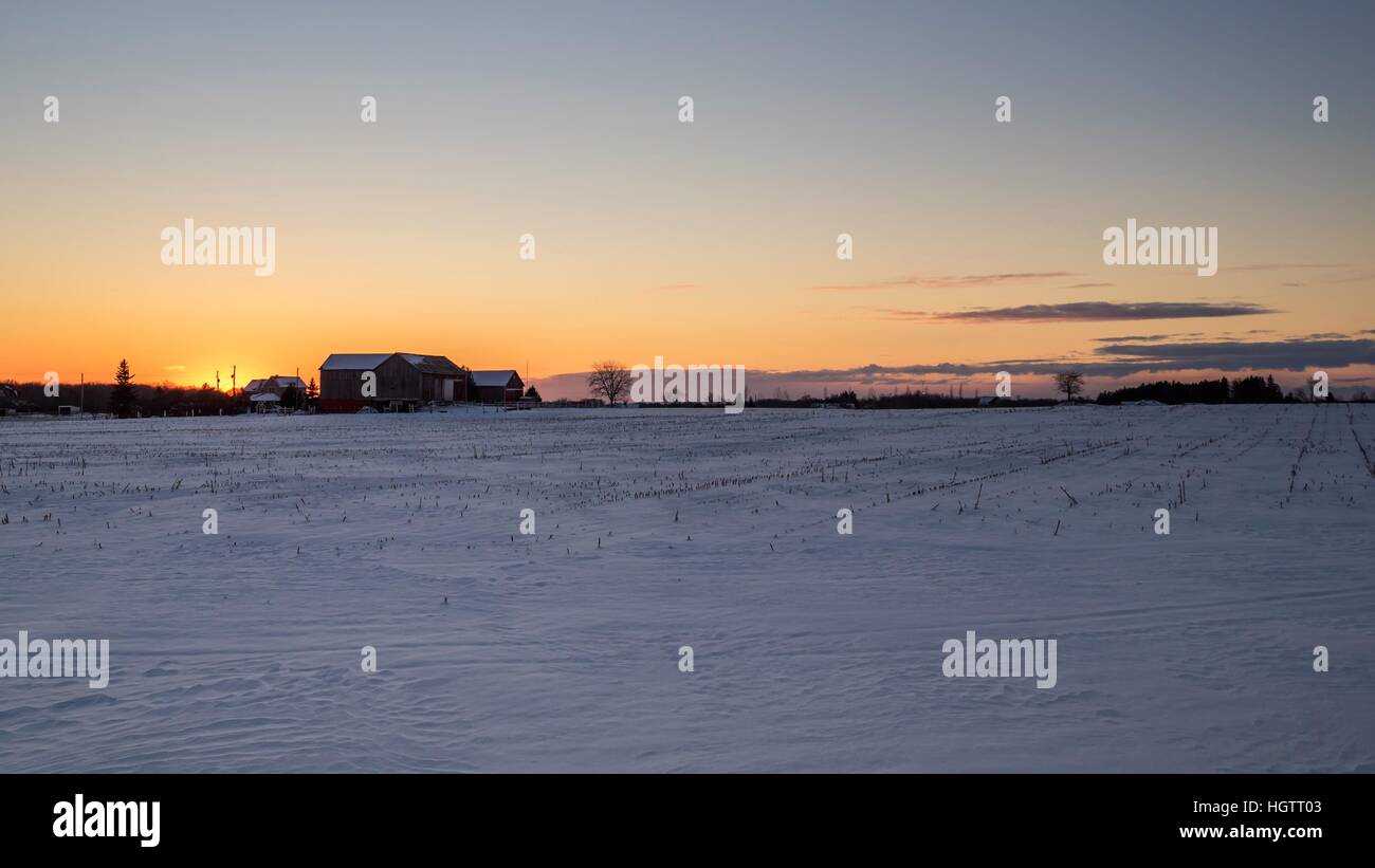 Inverno tramonto su una fattoria in inverno Foto Stock